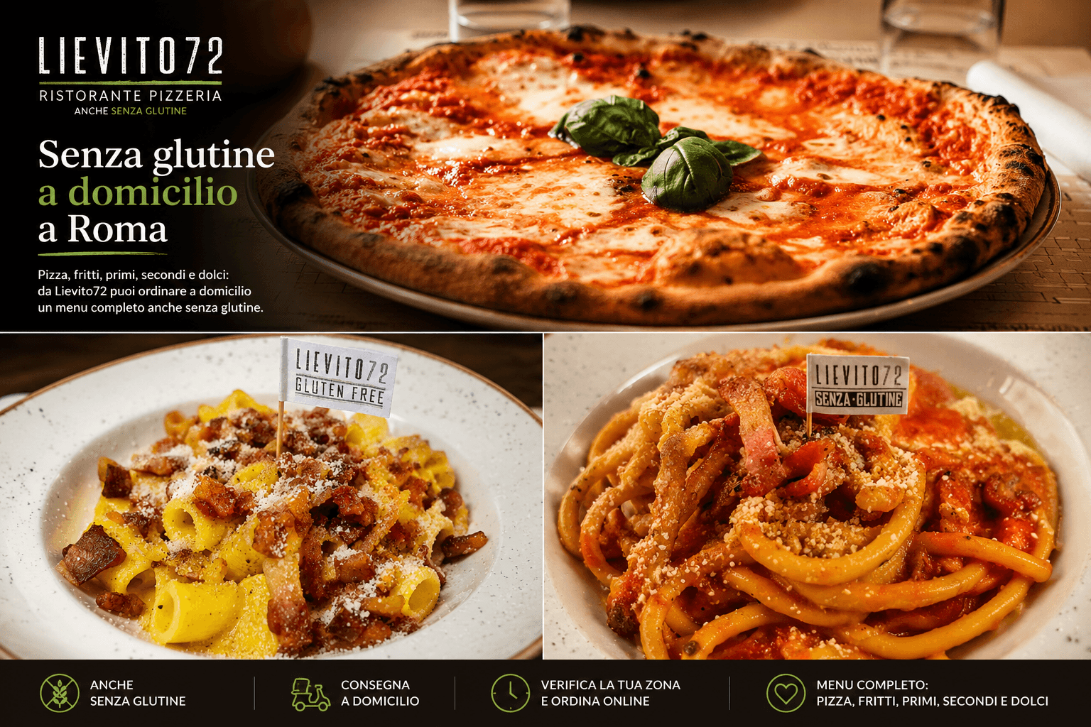 Menu senza glutine Lievito72 con pizza e cucina romana