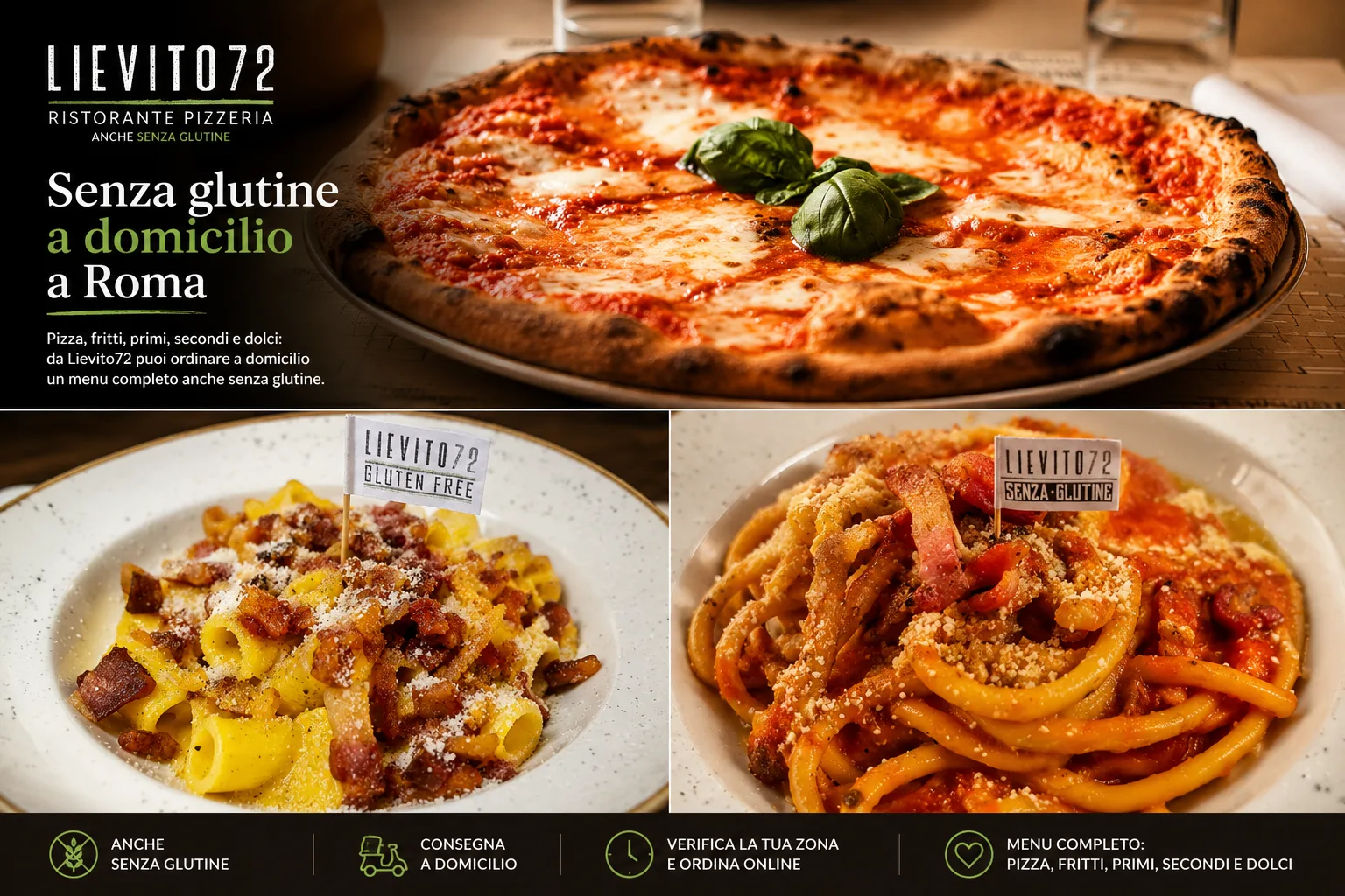 Menu senza glutine Lievito72 con pizza e cucina romana